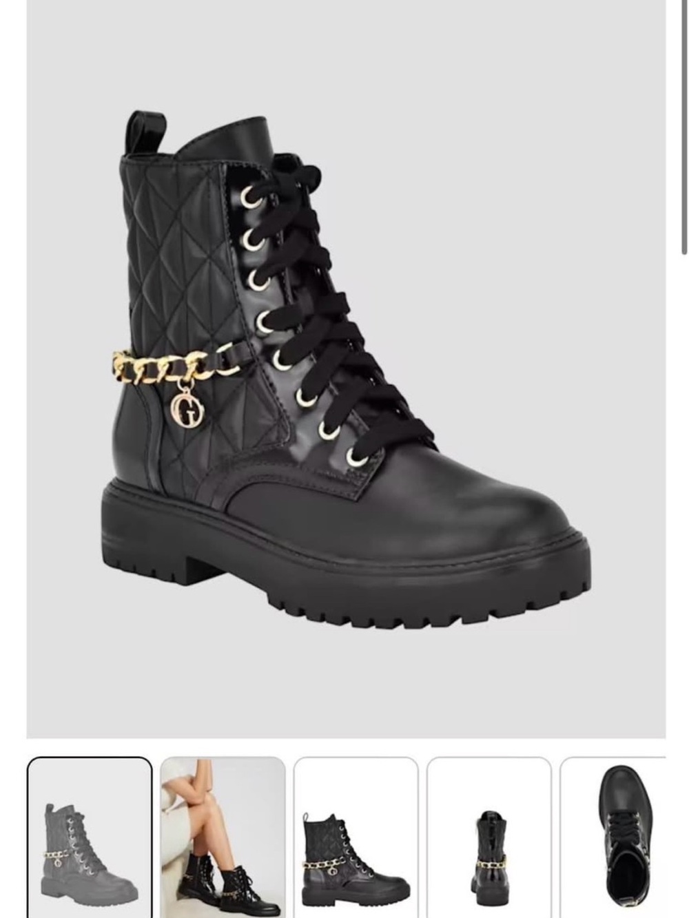 Guess Jellard Black Quilted Lace-Up Combat Boot with Gold Chain